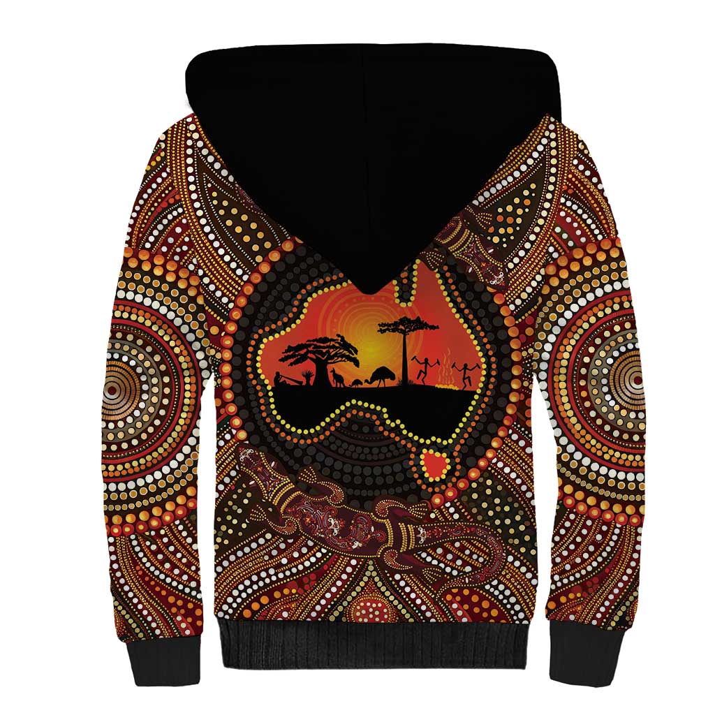 Lizard and Australia Map Sherpa Hoodie Aboriginal Dot Painting