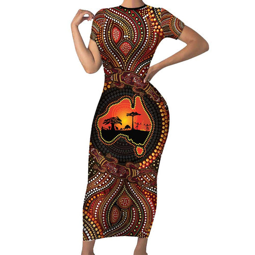 Lizard and Australia Map Short Sleeve Bodycon Dress Aboriginal Dot Painting