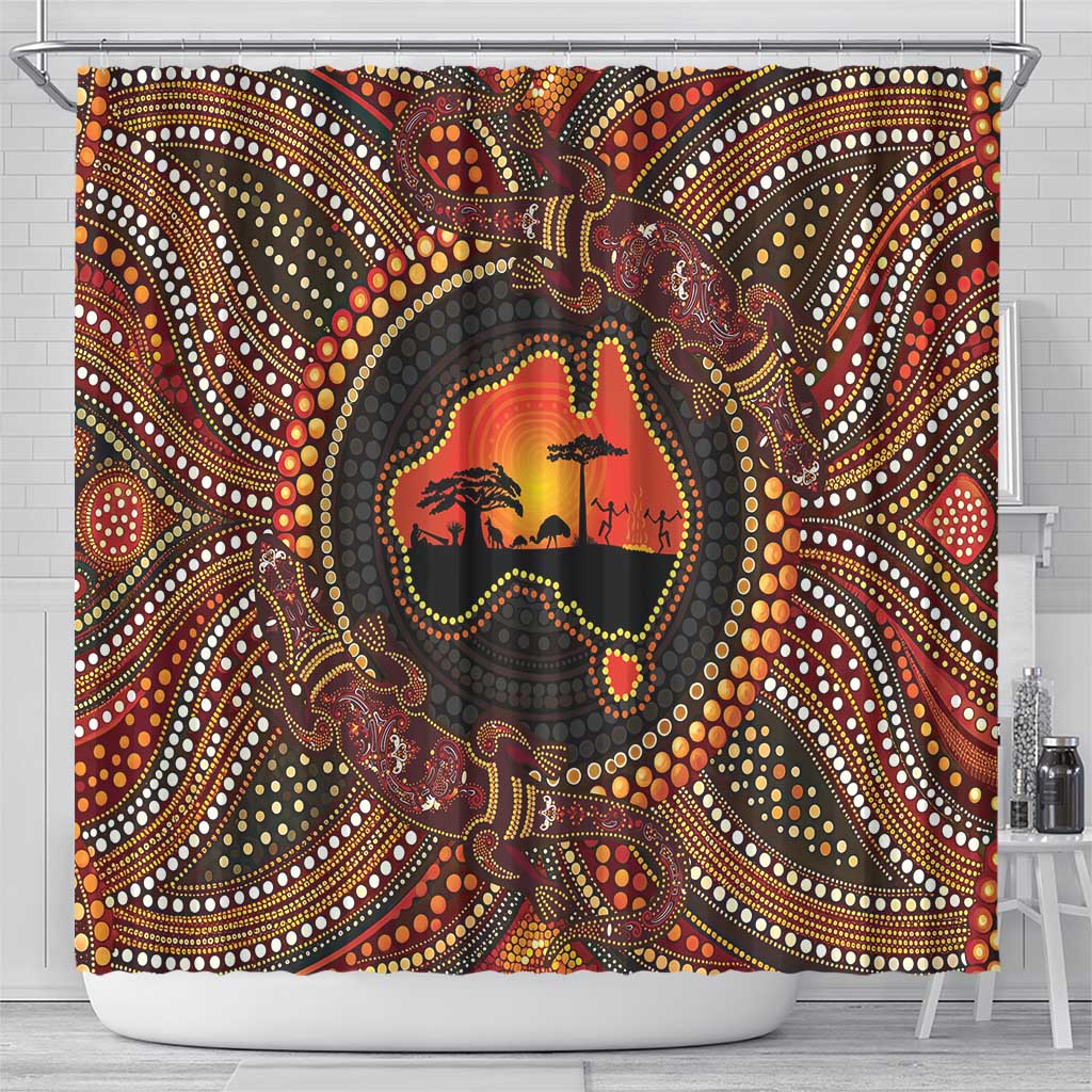 Lizard and Australia Map Shower Curtain Aboriginal Dot Painting