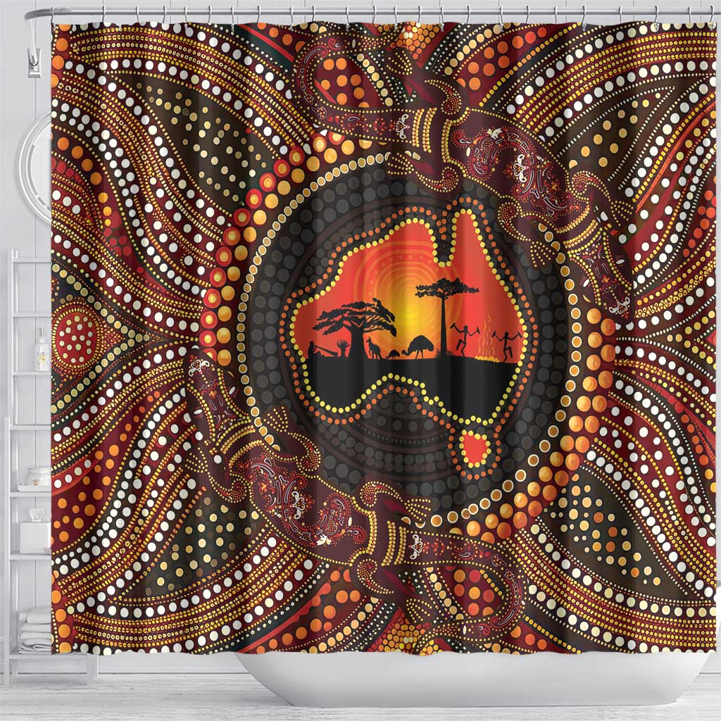 Lizard and Australia Map Shower Curtain Aboriginal Dot Painting