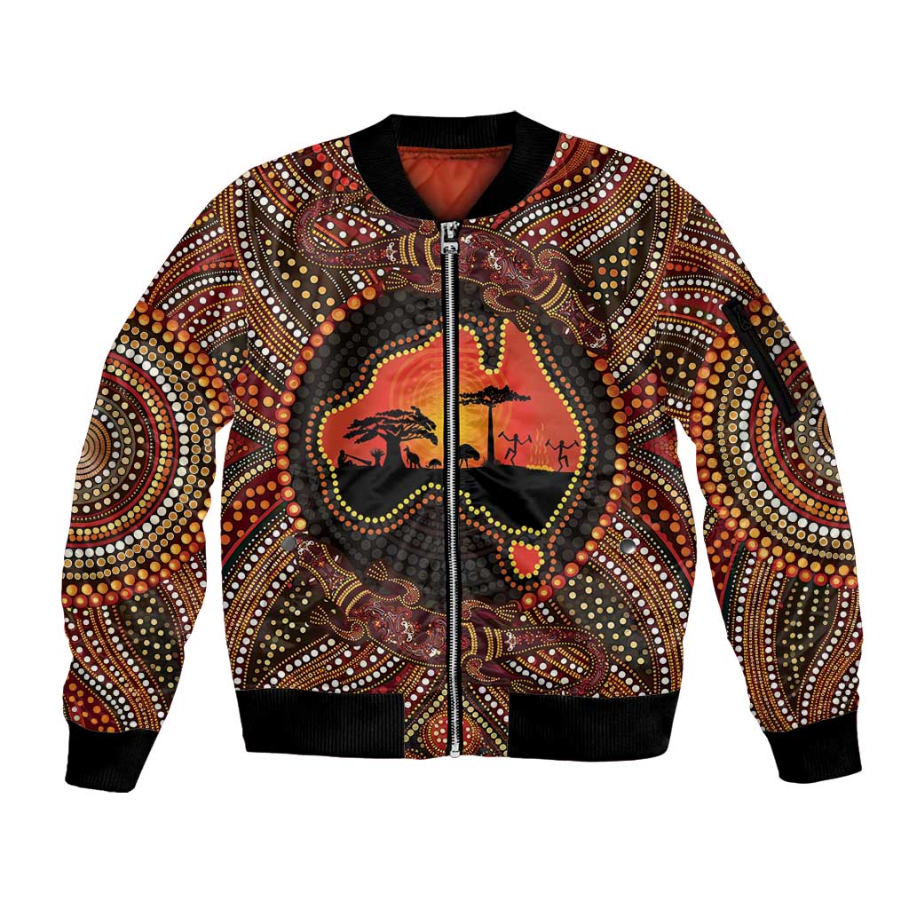 Lizard and Australia Map Sleeve Zip Bomber Jacket Aboriginal Dot Painting
