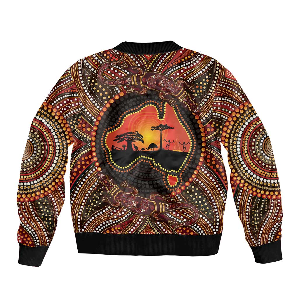 Lizard and Australia Map Sleeve Zip Bomber Jacket Aboriginal Dot Painting