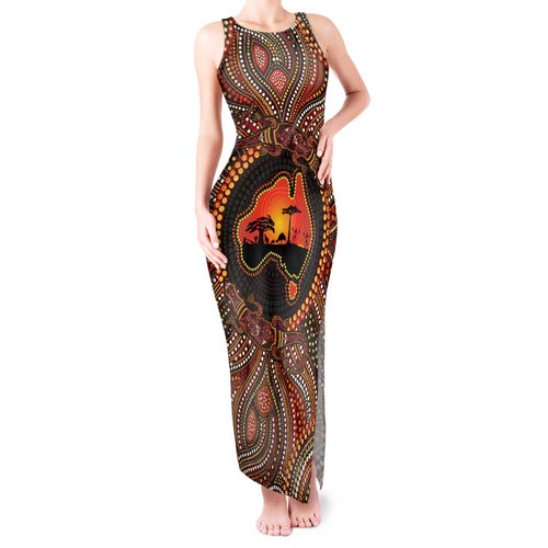 Lizard and Australia Map Tank Maxi Dress Aboriginal Dot Painting