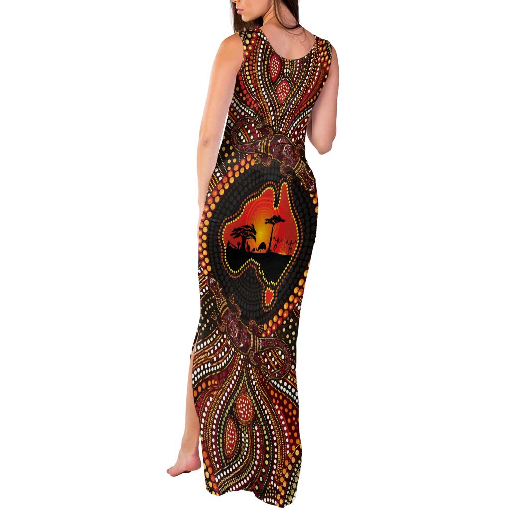 Lizard and Australia Map Tank Maxi Dress Aboriginal Dot Painting