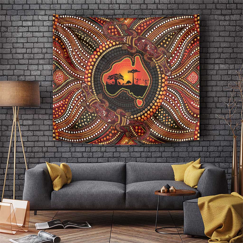 Lizard and Australia Map Tapestry Aboriginal Dot Painting