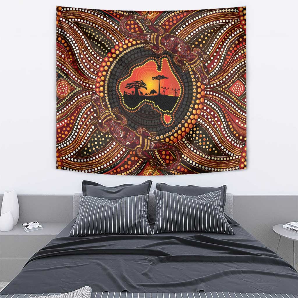 Lizard and Australia Map Tapestry Aboriginal Dot Painting