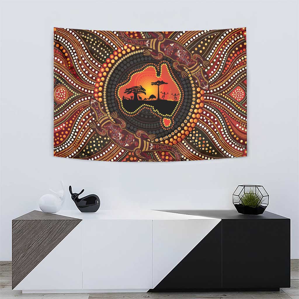 Lizard and Australia Map Tapestry Aboriginal Dot Painting