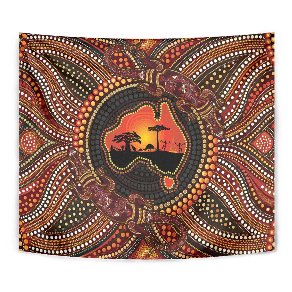 Lizard and Australia Map Tapestry Aboriginal Dot Painting