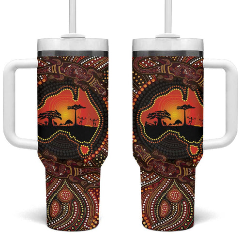 Lizard and Australia Map Tumbler With Handle Aboriginal Dot Painting