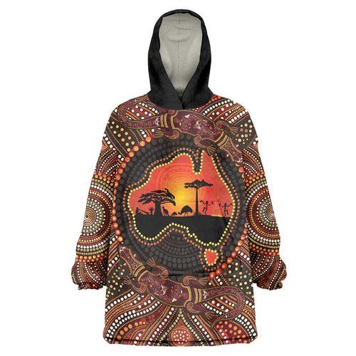 Lizard and Australia Map Wearable Blanket Hoodie Aboriginal Dot Painting