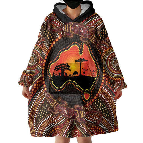 Lizard and Australia Map Wearable Blanket Hoodie Aboriginal Dot Painting
