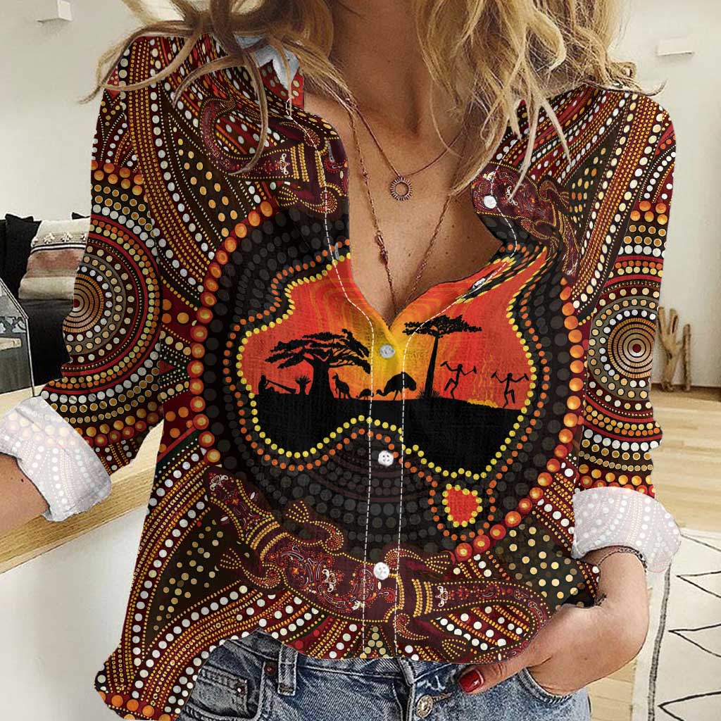 Lizard and Australia Map Women Casual Shirt Aboriginal Dot Painting