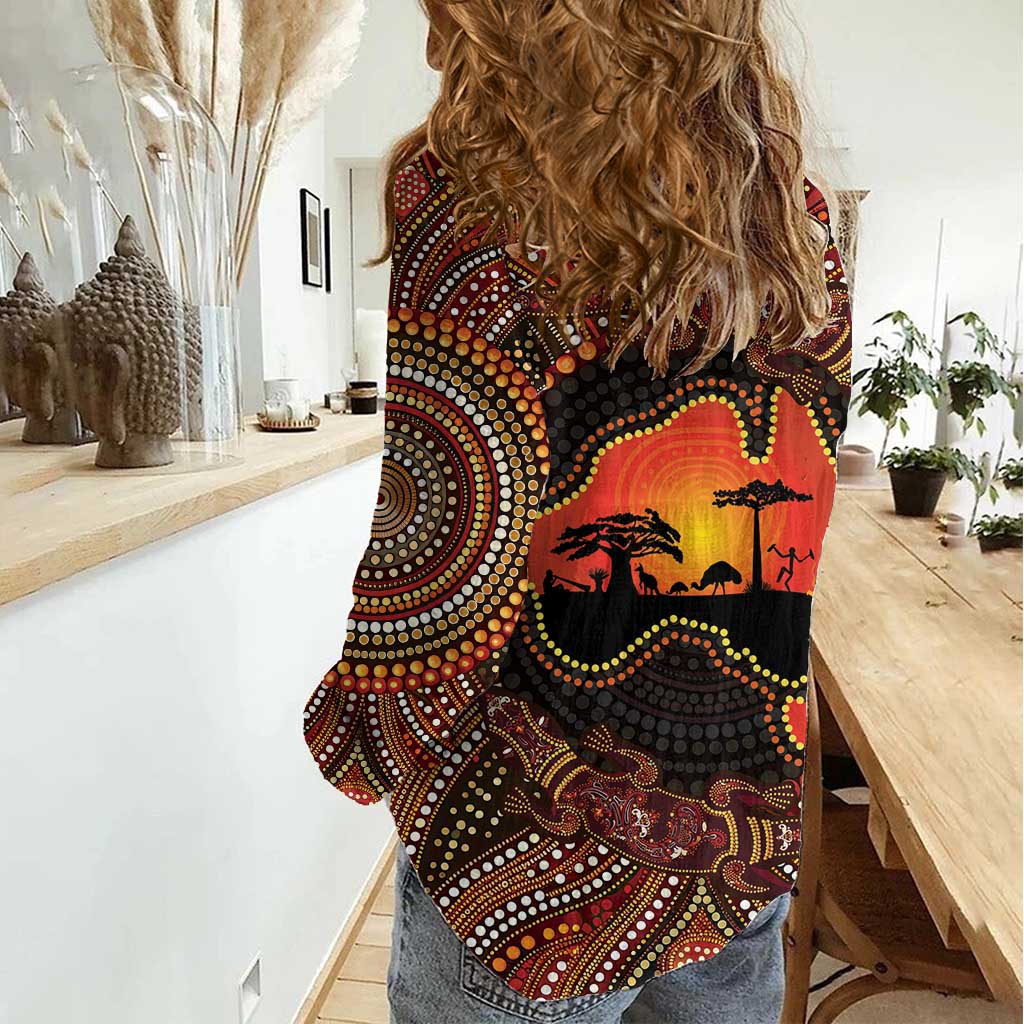 Lizard and Australia Map Women Casual Shirt Aboriginal Dot Painting