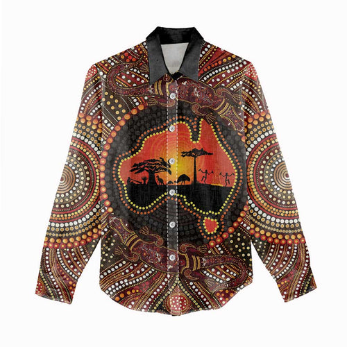 Lizard and Australia Map Women Casual Shirt Aboriginal Dot Painting