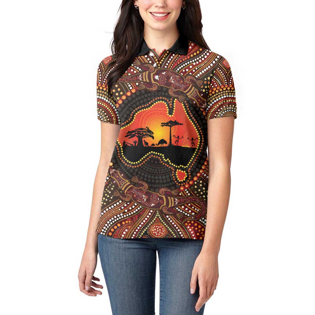 Lizard and Australia Map Women Polo Shirt Aboriginal Dot Painting