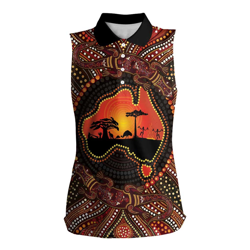 Lizard and Australia Map Women Sleeveless Polo Shirt Aboriginal Dot Painting