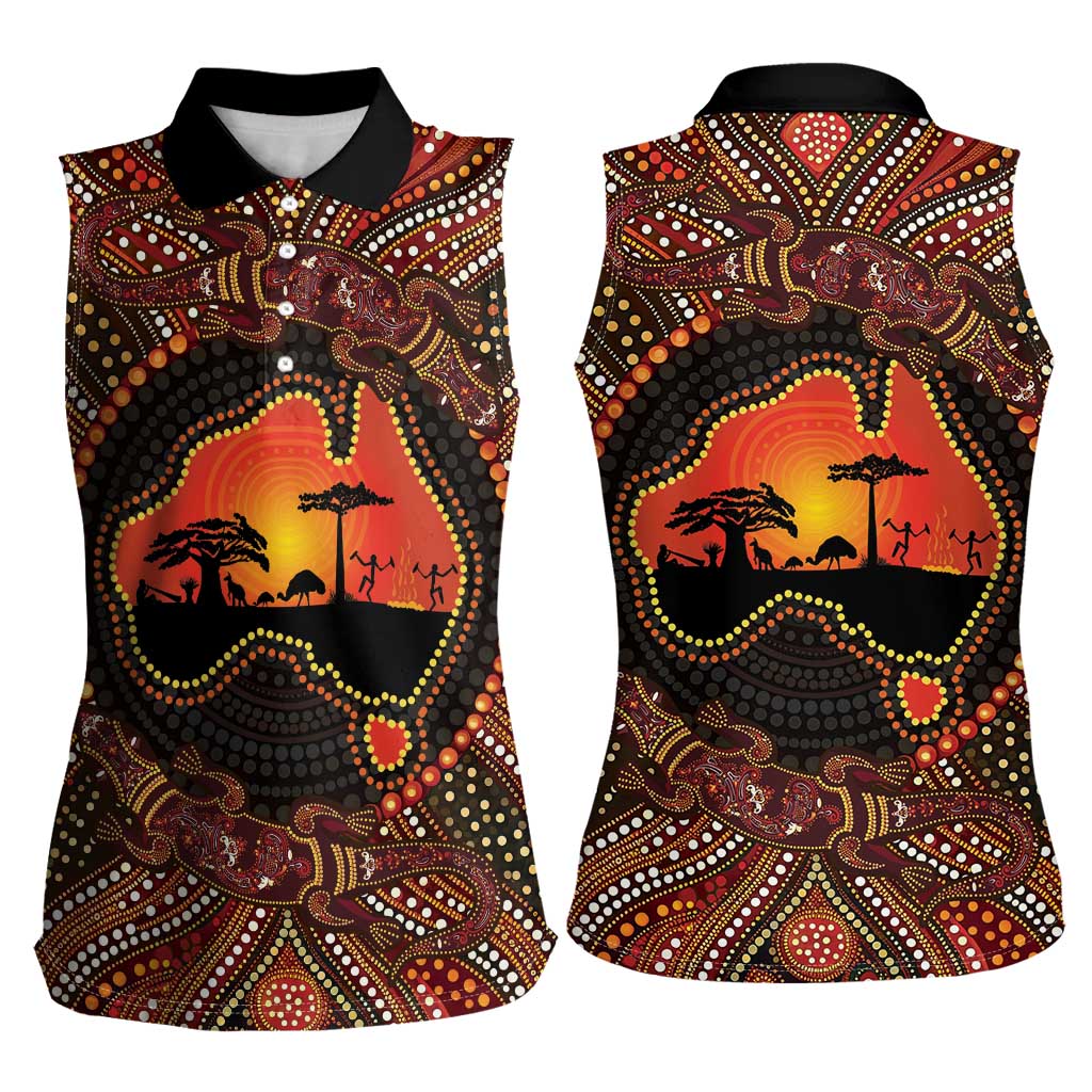 Lizard and Australia Map Women Sleeveless Polo Shirt Aboriginal Dot Painting