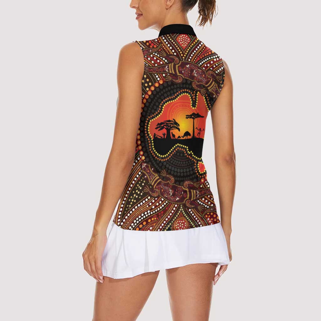 Lizard and Australia Map Women Sleeveless Polo Shirt Aboriginal Dot Painting