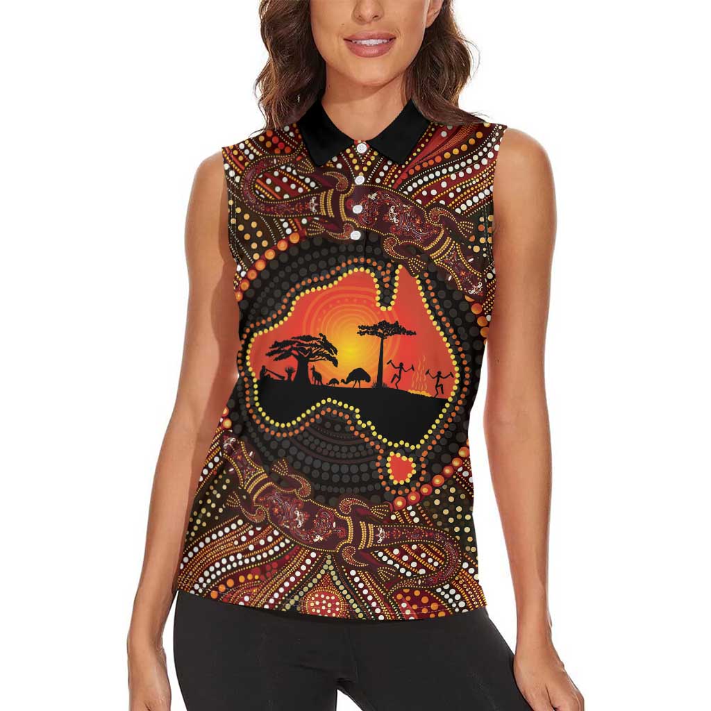 Lizard and Australia Map Women Sleeveless Polo Shirt Aboriginal Dot Painting