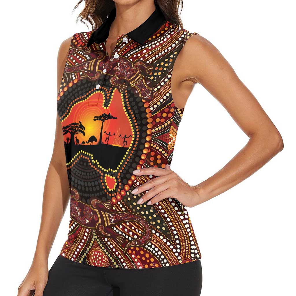 Lizard and Australia Map Women Sleeveless Polo Shirt Aboriginal Dot Painting