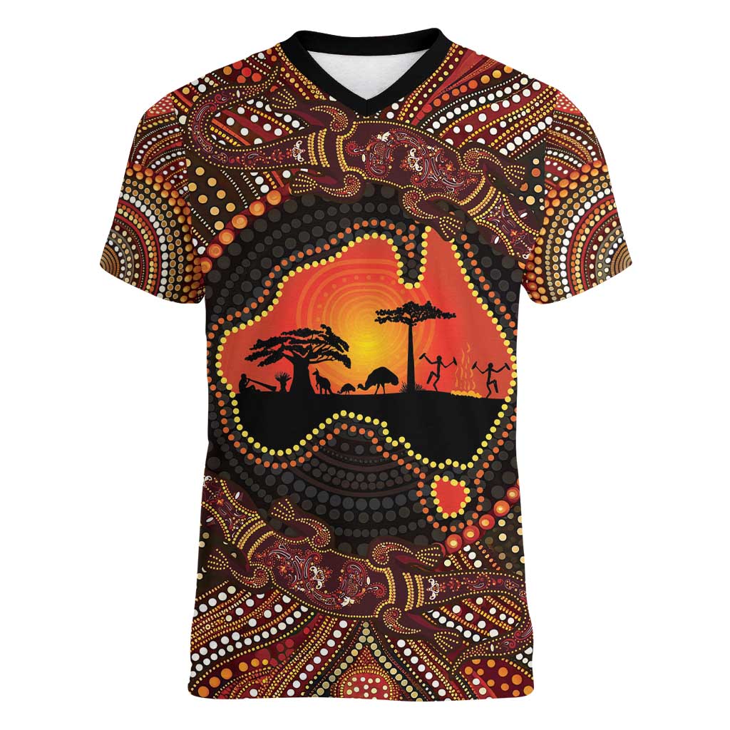Lizard and Australia Map Women V-Neck T-Shirt Aboriginal Dot Painting