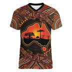 Lizard and Australia Map Women V-Neck T-Shirt Aboriginal Dot Painting