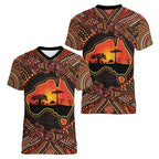 Lizard and Australia Map Women V-Neck T-Shirt Aboriginal Dot Painting