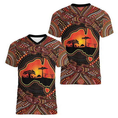 Lizard and Australia Map Women V-Neck T-Shirt Aboriginal Dot Painting