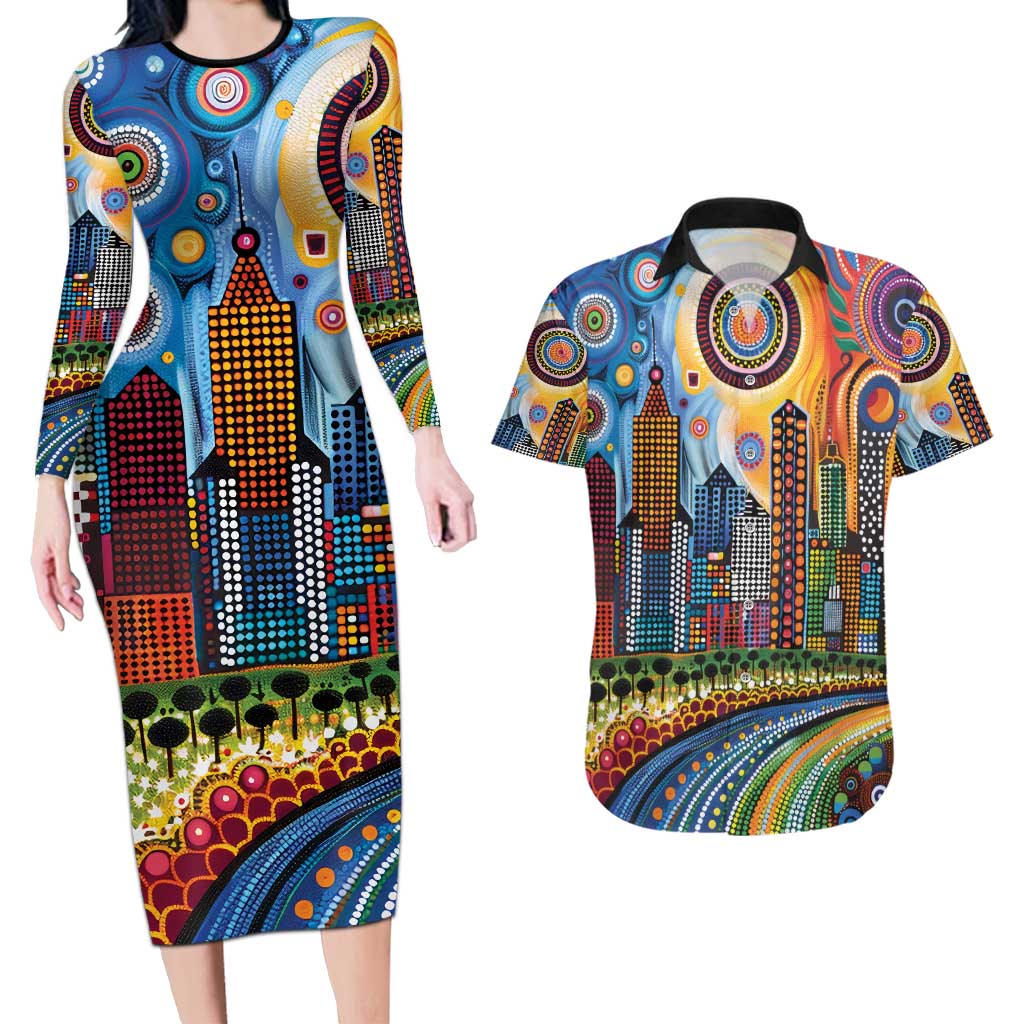 The Gold Coast Queensland Couples Matching Long Sleeve Bodycon Dress and Hawaiian Shirt Australian Landscapes Aboriginal Dot Painting