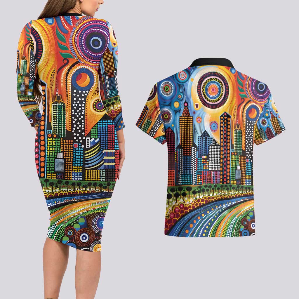 The Gold Coast Queensland Couples Matching Long Sleeve Bodycon Dress and Hawaiian Shirt Australian Landscapes Aboriginal Dot Painting