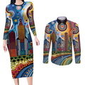 The Gold Coast Queensland Couples Matching Long Sleeve Bodycon Dress and Long Sleeve Button Shirt Australian Landscapes Aboriginal Dot Painting