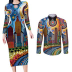The Gold Coast Queensland Couples Matching Long Sleeve Bodycon Dress and Long Sleeve Button Shirt Australian Landscapes Aboriginal Dot Painting