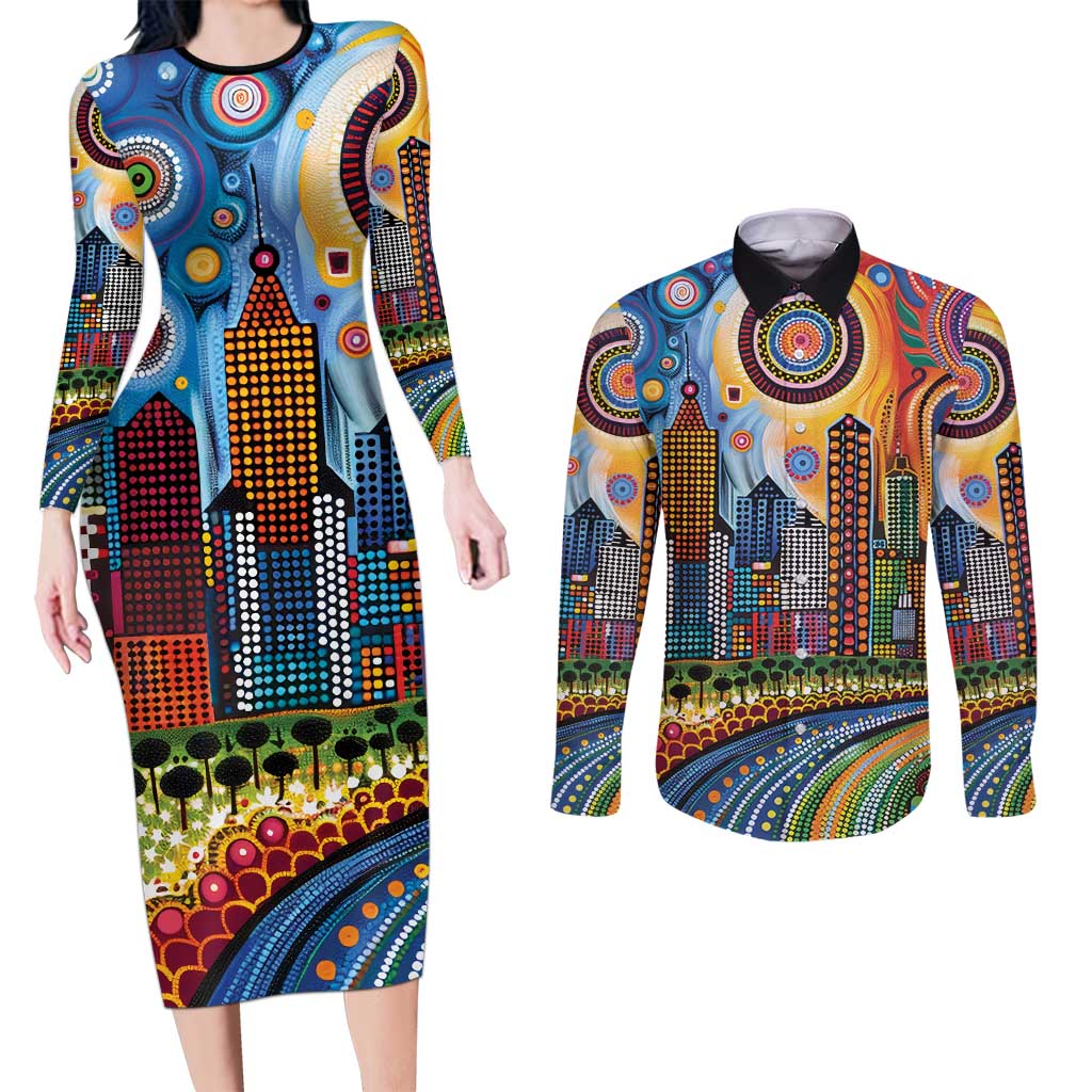 The Gold Coast Queensland Couples Matching Long Sleeve Bodycon Dress and Long Sleeve Button Shirt Australian Landscapes Aboriginal Dot Painting
