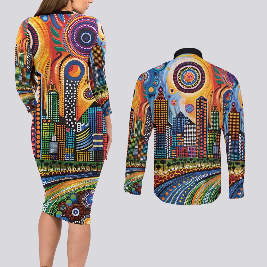 The Gold Coast Queensland Couples Matching Long Sleeve Bodycon Dress and Long Sleeve Button Shirt Australian Landscapes Aboriginal Dot Painting