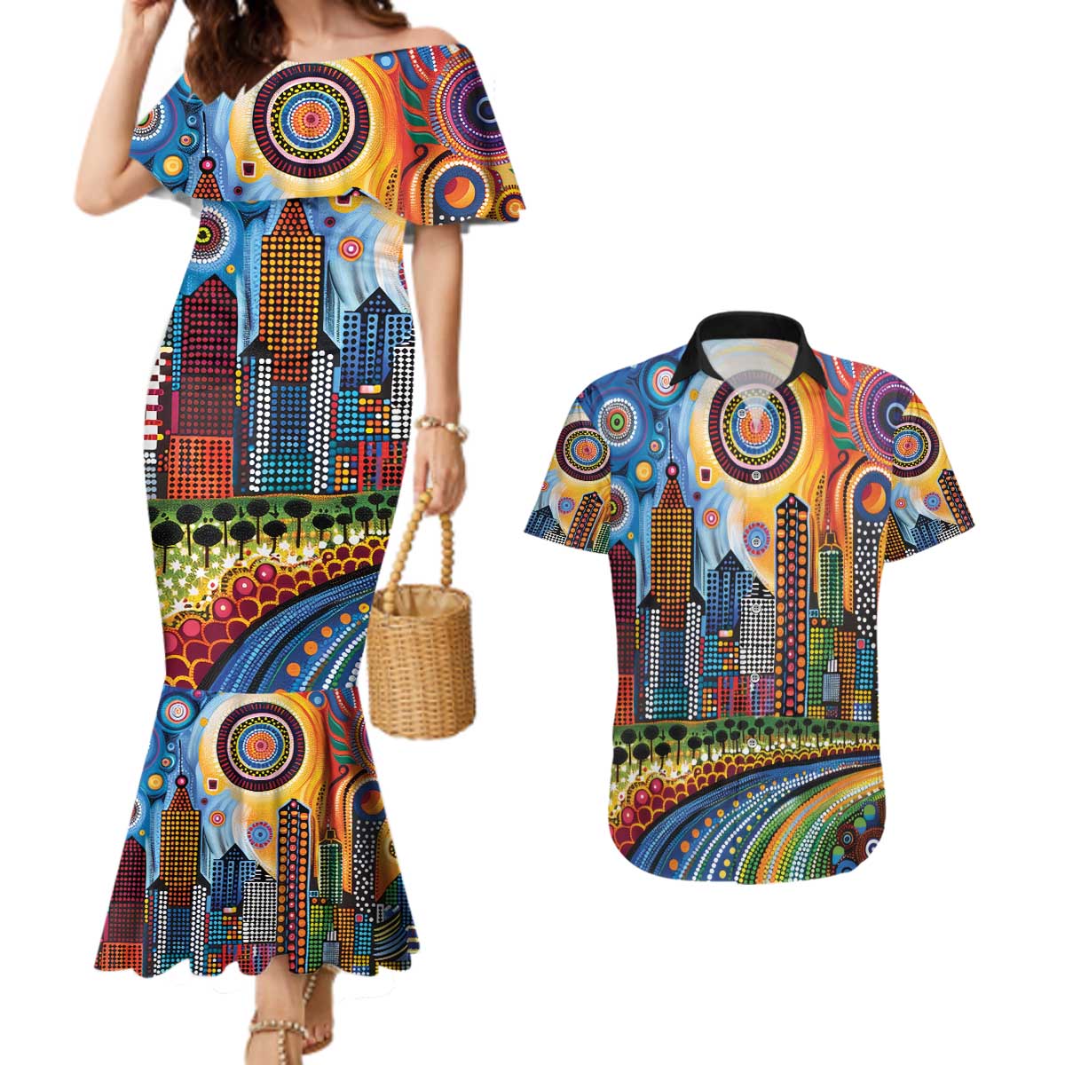 The Gold Coast Queensland Couples Matching Mermaid Dress and Hawaiian Shirt Australian Landscapes Aboriginal Dot Painting