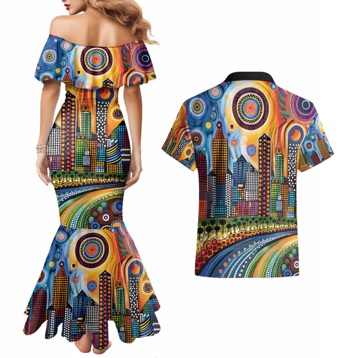 The Gold Coast Queensland Couples Matching Mermaid Dress and Hawaiian Shirt Australian Landscapes Aboriginal Dot Painting