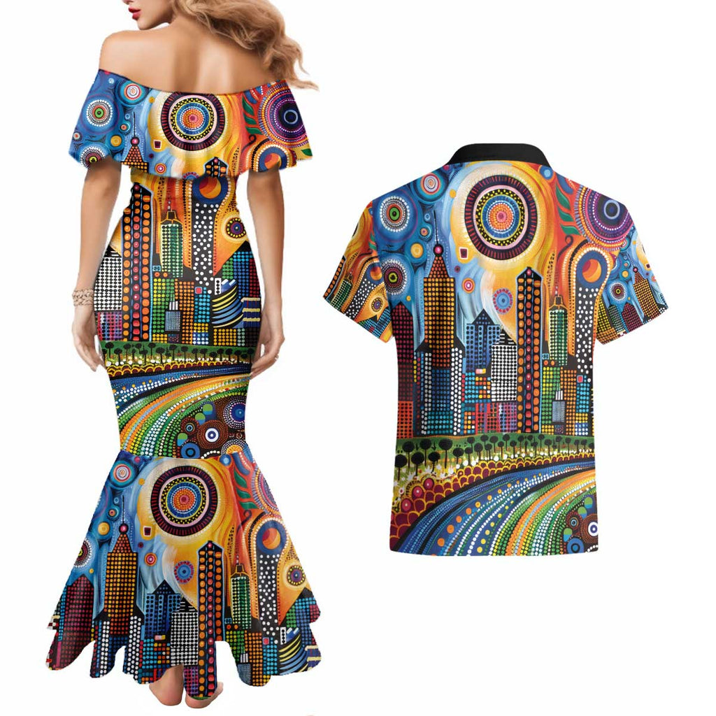 The Gold Coast Queensland Couples Matching Mermaid Dress and Hawaiian Shirt Australian Landscapes Aboriginal Dot Painting