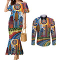 The Gold Coast Queensland Couples Matching Mermaid Dress and Long Sleeve Button Shirt Australian Landscapes Aboriginal Dot Painting