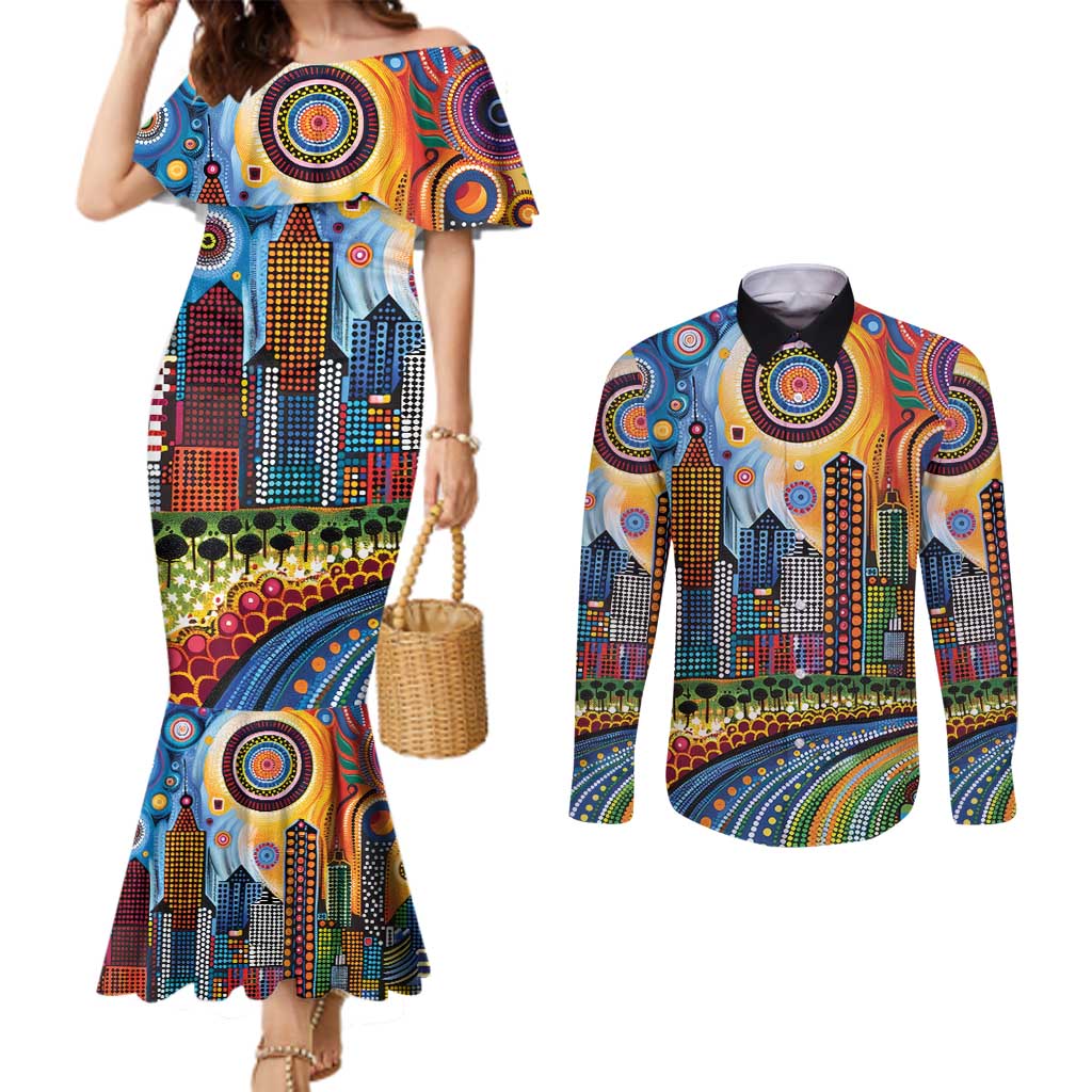 The Gold Coast Queensland Couples Matching Mermaid Dress and Long Sleeve Button Shirt Australian Landscapes Aboriginal Dot Painting