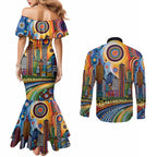 The Gold Coast Queensland Couples Matching Mermaid Dress and Long Sleeve Button Shirt Australian Landscapes Aboriginal Dot Painting
