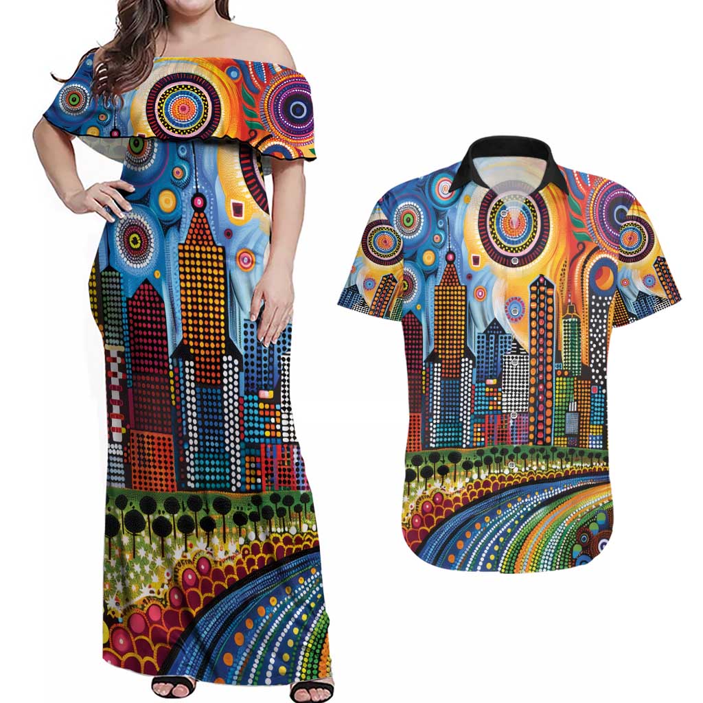 The Gold Coast Queensland Couples Matching Off Shoulder Maxi Dress and Hawaiian Shirt Australian Landscapes Aboriginal Dot Painting