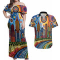The Gold Coast Queensland Couples Matching Off Shoulder Maxi Dress and Hawaiian Shirt Australian Landscapes Aboriginal Dot Painting