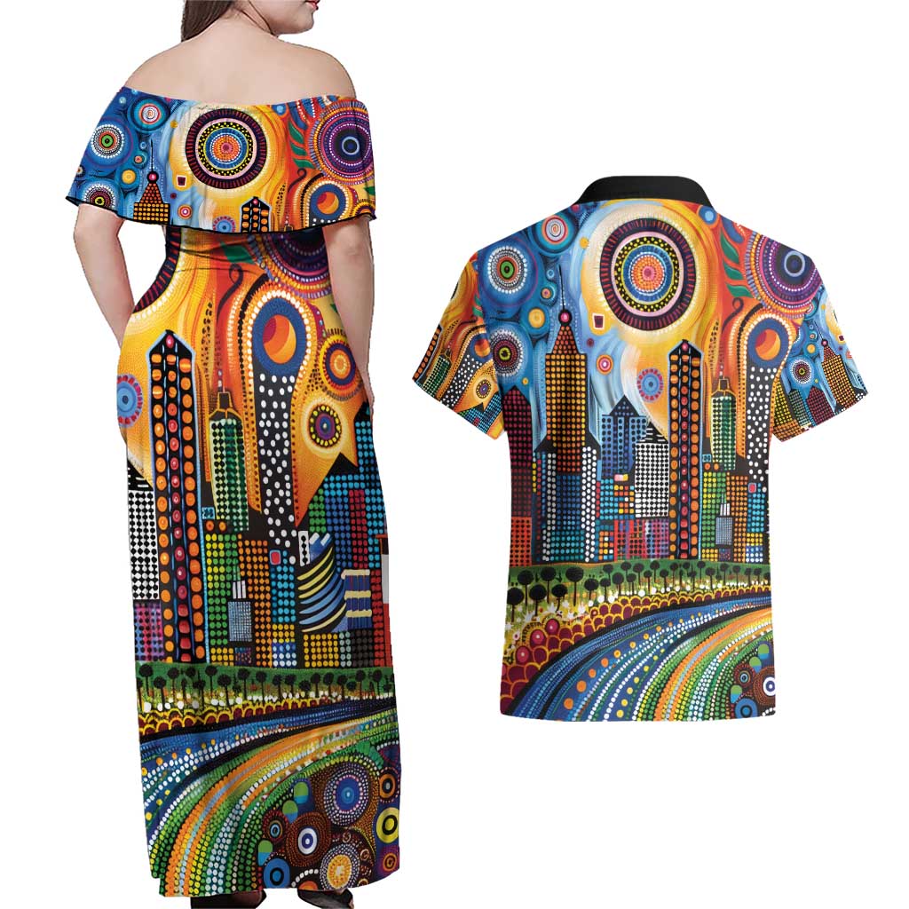 The Gold Coast Queensland Couples Matching Off Shoulder Maxi Dress and Hawaiian Shirt Australian Landscapes Aboriginal Dot Painting