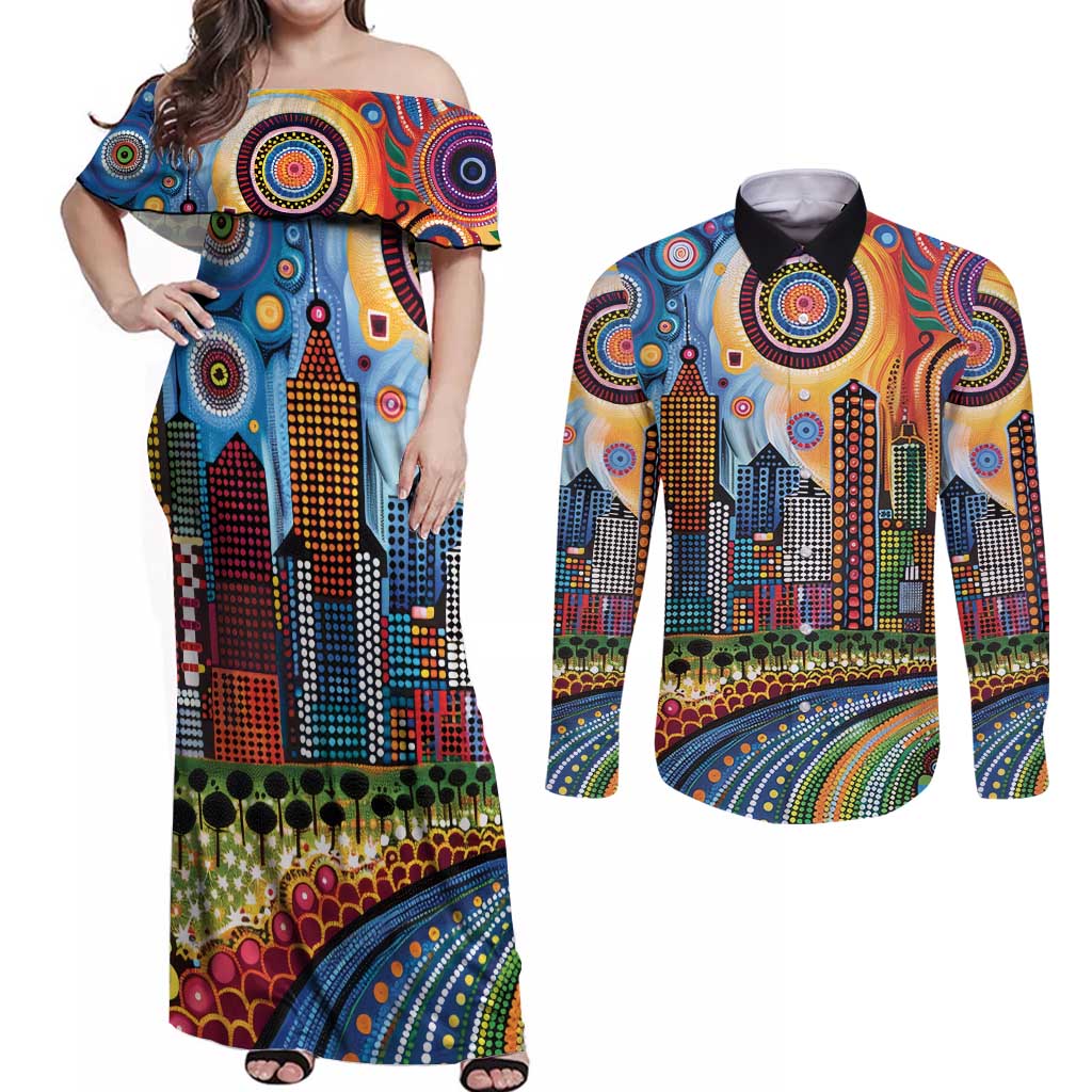 The Gold Coast Queensland Couples Matching Off Shoulder Maxi Dress and Long Sleeve Button Shirt Australian Landscapes Aboriginal Dot Painting