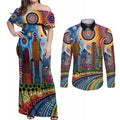 The Gold Coast Queensland Couples Matching Off Shoulder Maxi Dress and Long Sleeve Button Shirt Australian Landscapes Aboriginal Dot Painting