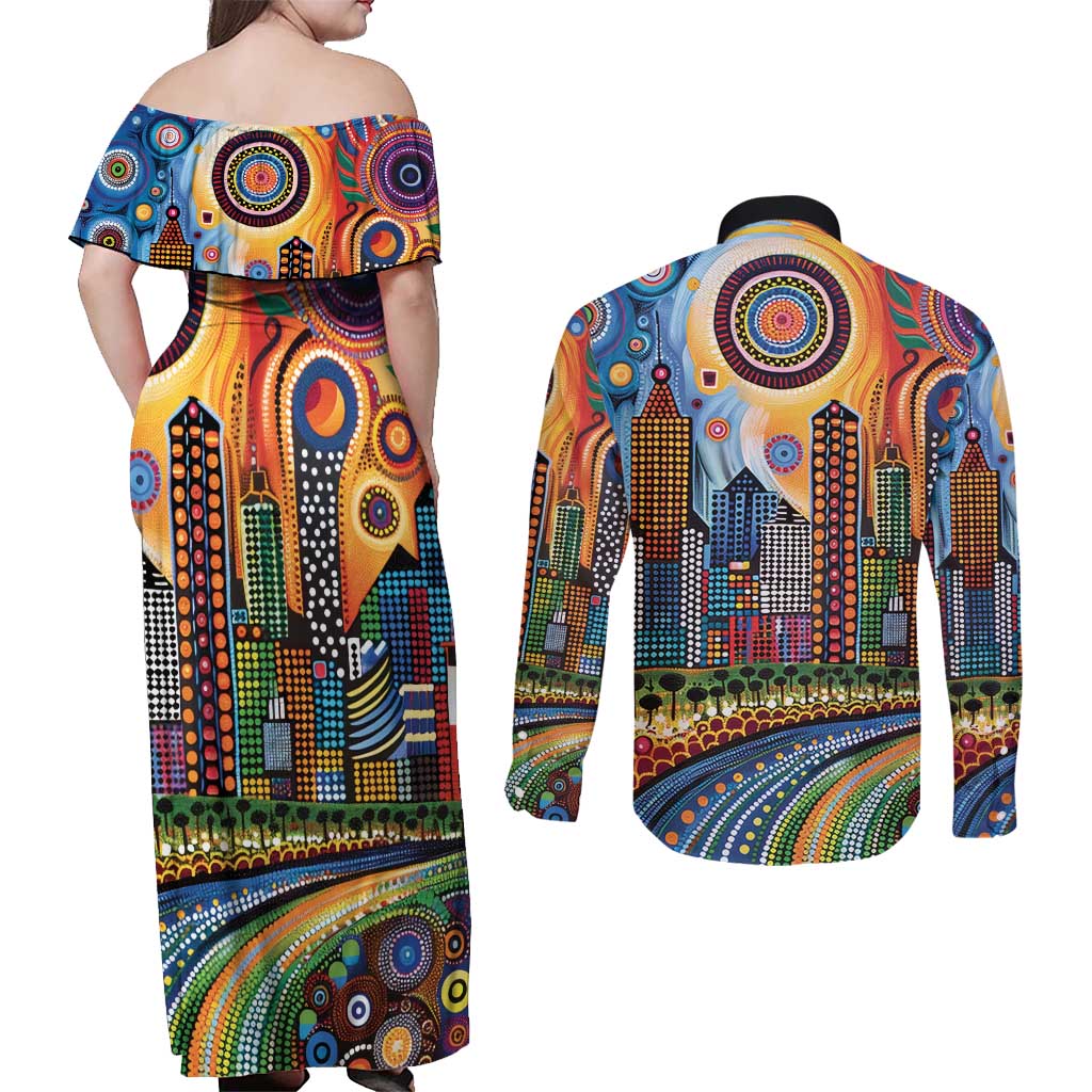 The Gold Coast Queensland Couples Matching Off Shoulder Maxi Dress and Long Sleeve Button Shirt Australian Landscapes Aboriginal Dot Painting