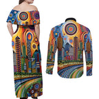The Gold Coast Queensland Couples Matching Off Shoulder Maxi Dress and Long Sleeve Button Shirt Australian Landscapes Aboriginal Dot Painting