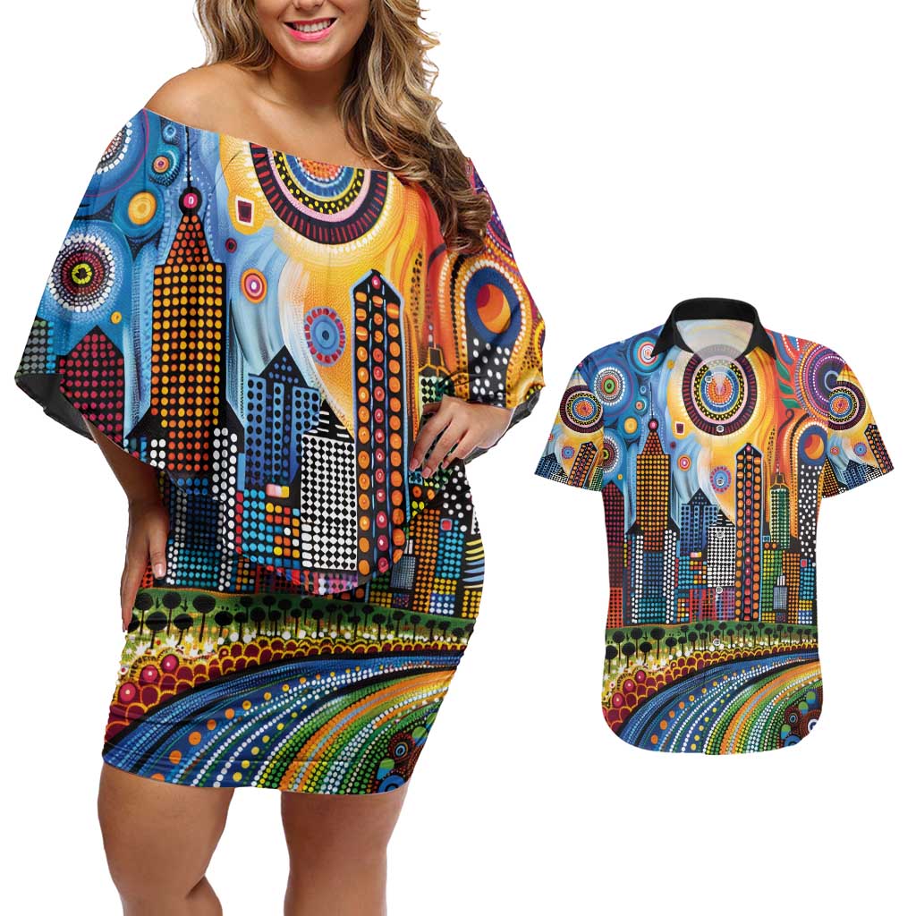 The Gold Coast Queensland Couples Matching Off Shoulder Short Dress and Hawaiian Shirt Australian Landscapes Aboriginal Dot Painting