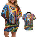 The Gold Coast Queensland Couples Matching Off Shoulder Short Dress and Hawaiian Shirt Australian Landscapes Aboriginal Dot Painting