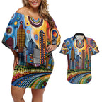 The Gold Coast Queensland Couples Matching Off Shoulder Short Dress and Hawaiian Shirt Australian Landscapes Aboriginal Dot Painting